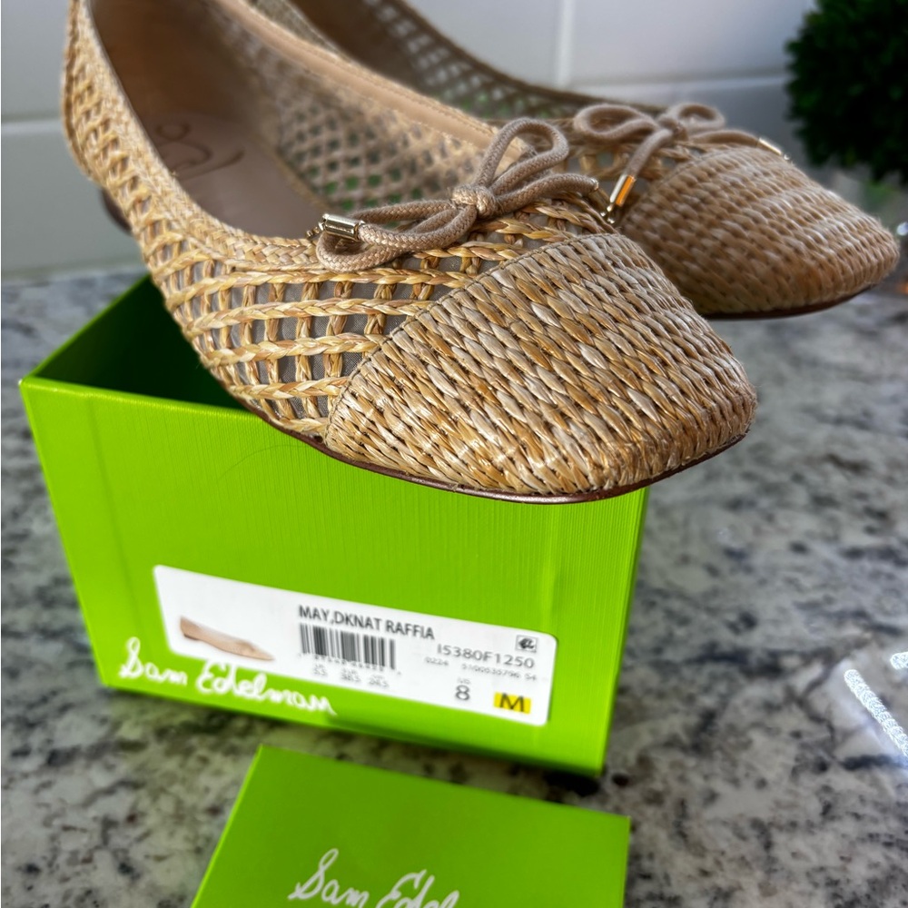 Sam Edelman Raffia Weave Pointed-Toe Flats in Natural Tan